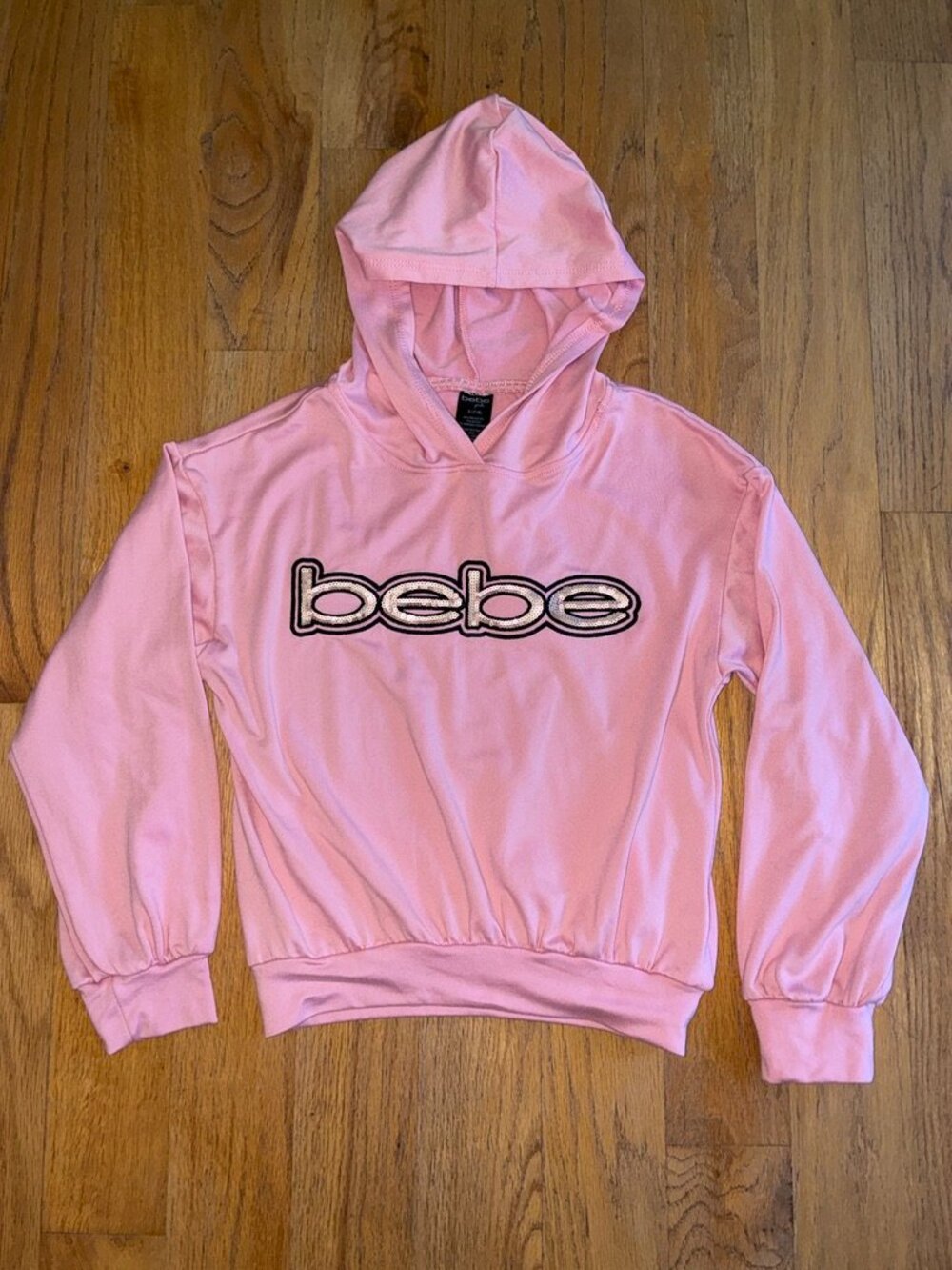 bebe Girls Small 7/8 Pink Sequin Logo Pullover Hoodie Sweatshirt